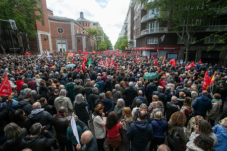 Hundreds of protesters gather on Ferraz Street during the rally. Thousands of people have gathered in front of the headquarters of the Spanish Socialist Workers party PSOE to support President Pedro Sanchez who has taken a few days to reflect on his future at the head of the Spanish government after his wife has been linked to issues of alleged corruption. A meeting of the party's Federal Committee was being held inside the building at the same time.