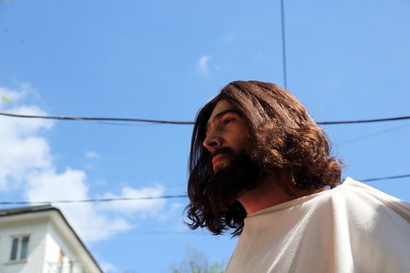 Portrait of an actor acting as Jesus Christ during the Easter Reconstruction on Deribasovskaya Street. The Easter reconstruction on Deribasovskaya Street was carried out by believers from the Odessa People's Church (Evangelical Christian Church) depicting events from the last day of the life of Jesus Christ