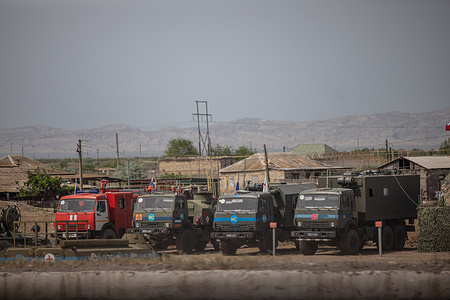 Heavy equipment of Russian peacekeepers has gathered at the Goran station on April 27, 2024 in Goranboy, Azerbaijan.