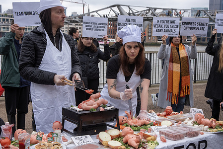 (EDITORS NOTE: Image contains graphic content)
A protester dressed as a chef seen stabbing the baby doll that is symbolising a baby animal during the demonstration. Radically Kind is vegan organisation. They believe in animal rights and they want to stop animal suffering. They staged a protest outside the Tate Modern in London to make the people realise they eat baby animals very often.