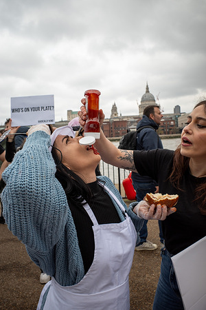 A vegan demonstrator has tomato sauce poured over her face during the rally. Vegan group Radically Kind held a demonstration at the Tate Modern on the South Bank of the Thames. By showing graphic images they hope to convert meat eaters to veganism.