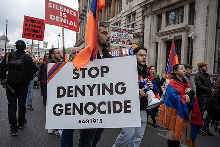 Protesters march with flags and placards towards the Whitehall in London, UK during the demonstration. The 109th anniversary of the Armenian genocide was commemorated on the April 24th, 2024. And is considered the beginning of the genocide when the Turkish army deported and executed many intellectuals. And an estimate of 1.5 million people were killed. Nowadays, the Turkish government still denys the massacre. Though many countries recognized this first world war act as genocide.