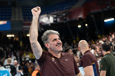 Coach of Barcelona team, Carlos Ortega, celebrates a win during the second leg of the handball Champions League quarterfinals played in Barcelona. Final result: Barça 37 - 31 PSG