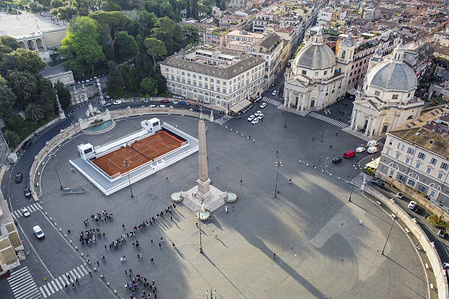 (EDITOR'S NOTE: Image taken by a drone) 
Aerial view of Piazza del Popolo. Rome is preparing for the Italian Open tennis tournament - Internazionali BNL d'Italia, by setting up a red clay court in the central Piazza del Popolo.