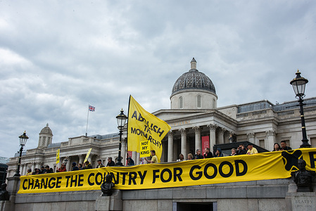 A large banner is displayed during the Republic Day Rally at Trafalgar Square. Pro-Republic demonstrators organized a rally in London to celebrate an anti-monarchy movement to change the country's future without a monarch on the first anniversary weekend of the coronation of King Charles III.