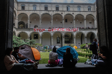 Students seen at Porta di Massa courtyard during a demonstration in solidarity with Palestine. Federico II's students joined the cry of the American campuses and entered the Porta di Massa courtyard equipped with tents and Palestinian flags in support. The cry of students around the world is also addressed to their Governments.