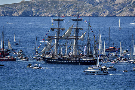 General view of the arrival of the Belem in Marseille, with the Paris 2024 Olympic flame on board in Mediterranean port. After 12 days of crossing from Athens, the Belem arrived in the northern harbor of Marseille on May 8, 2024, with the Paris 2024 Olympic flame on board, and paraded in the company of 1,400 boats.