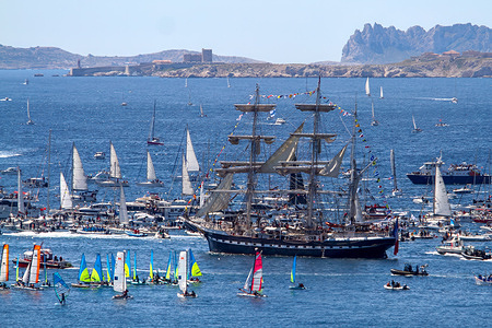 The French three-masted ship “Belem” arrives in Marseille. Coming from Athens with the Olympic flame on board, the Belem arrives in the harbor of Marseille and parades along the coast of the city of Marseille surrounded by thousand of boats.