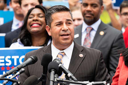 U.S. Representative Ben Lujan (D-NM) speaking at a rally at the U.S. Capitol for H.R.4, the "Voting Rights Advancement Act of 2019".