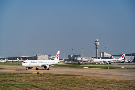A China Eastern Airlines Airbus A321 aircraft at Shanghai Pudong International Airport.