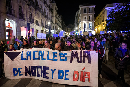 Women hold a banner that says Streets are mine, day and night during the demonstration.
Hundreds of women march on the streets of Granada at the feminist demonstration prior to March 8, International Women's Day.