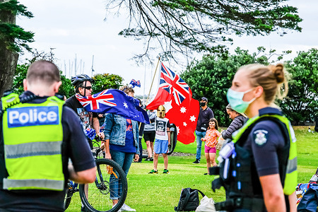 AustraliaOne Party supporters, young children and police officers were seen during the Australia Day celebrations.Members of far right Australia One (A1) Party staged a peaceful demonstration and celebration in honour of Australia Day observed annually on 26 January, at Catani Gardens in St Kilda.