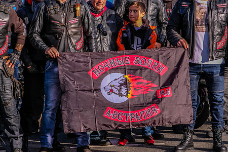 Australian charter's members hold the Night Wolves motorcycle club banner during the Victory Day bike run. The Night Wolves is a Russian motorcycle club.
Members of the Russian community bikers celebrating Victory Day which marks Russia's triumph over Nazi Germany in the World War 2.
