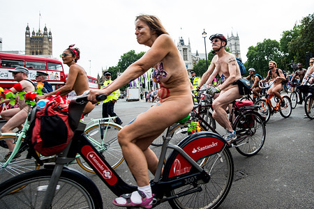 (EDITORS NOTE: Image contains nudity.)
Naked riders seen participating during the World Naked Bike Ride to demonstrate the vulnerability of cyclists on city streets. People chose to ride naked to celebrate cycling and body freedom.