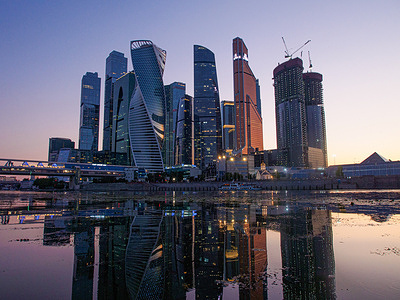Reflection of the skyscrapers of the Moscow City Business Center in the Moskva River.