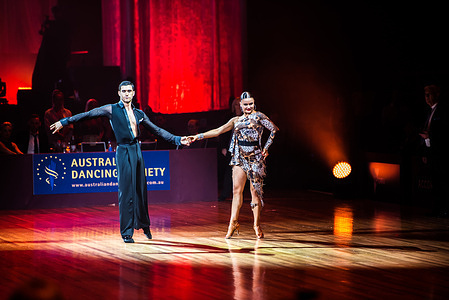 Australian Ballroom and Latin Dancers Julian Caillon and Alexandra Vladimirov (from Dancing with the Stars) perform during an Adult A&B Grade Latin section of The 73rd Australian Dance Sport Championship.