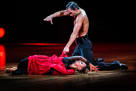 Professional Dancers and World Champions in Showdance, Pavel Zvychaynyy and Oxana Lebedew from Germany perform their Paso Doble Floor Show at the John Cain Arena in Melbourne.