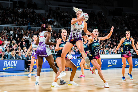 Firebird's Gretel Tippett in action during the Suncorp Super Netball 2019 Season Game 1 between Melbourne Vixens and Queensland Firebirds at Melbourne Arena, Melbourne Olympic Park. Vixens won this home match with the score 73 - 61.