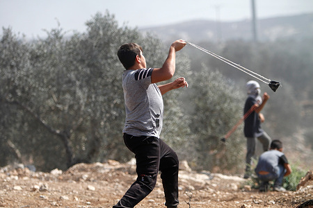 A Palestinian seen throwing a stone with a slingshot at Israeli army forces during the olive harvest season.The Israeli army fired tear gas at Palestinian farmers near the outpost of Evitar while they were picking olives in the village of Beita, south of Nablus in the West Bank.