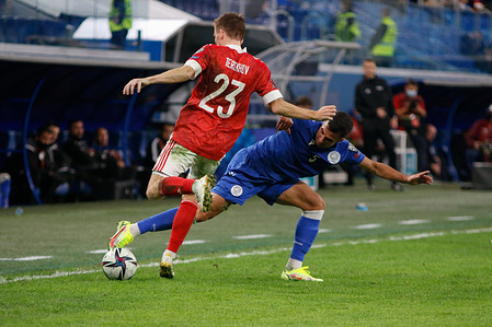 Sergey Terekhov (L) of Russia and Marios Demetriou (R) of Cyprus in action during the 2022 FIFA World Cup Qualifiers match between Russia and Cyprus at Gazprom Arena.
Final score; Russia 6:0 Cyprus.