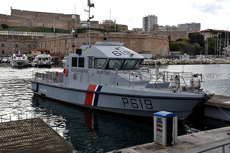 View of the Gendarmerie cruiser docked at the Old Port of Marseille (Vieux-Port de Marseille).