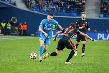 Vyacheslav Karavaev (L) of Zenit in action during the UEFA Champions League, football match between Zenit and Chelsea at Gazprom Arena.
(Final score; Zenit 3:3 Chelsea)