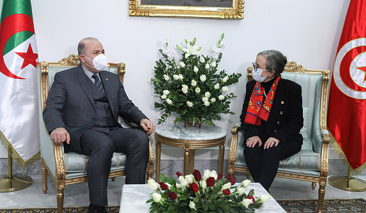 Tunisian Prime Minister Najla Bouden Romdhane (R) meets Algerian Prime Minister and Finance Minister Ayman Benabderrahmane (L) at the honorary hall of Tunis-Carthage International Airport.
Benabderrahmane made an official visit to the Republic of Tunisia to discuss an important ministerial delegation.