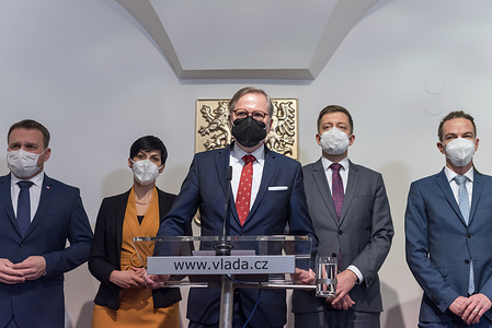 (from left to right) Marian Jurecka, chairman of KDU-CSL party, Marketa Pekarova Adamova chairman of TOP09 party, Petr Fiala new Czech Prime minister, Vit Rakusan chairman of STAN party and Ivan Bartos chairman of Pirati Czech Pirate Party (from left to right) are seen during a press conference.
New Czech Prime minister Petr Fiala, leader of coalition SPOLU and chairman of ODS party, meets with Czech president Milos Zeman. Petr Fiala announced at a press conference that members of new government will be appointed this Friday by the president.
