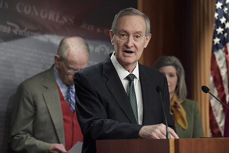 US Senator, Mike Crapo (R-ID) alongside GOP senators speaks about Taxes and IRS reporting during a press conference at Senate Studio / Capitol Hill.