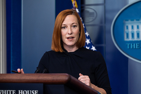 White House Press Secretary, Jen Psaki speaking to reporters at a press briefing in the White House Press Briefing Room.