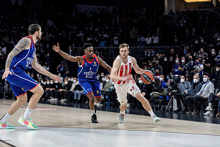 #3 Nate Wolters of Crvena Zvezda MTS Belgrade in action against #1 Rodrigue Beaubois of Anadolu Efes Istanbul during Round 17 of the 2021/2022 Turkish Airlines Euroleague Regular Season at Sinan Erdem Sports Arena.(Final score; Anadolu Efes Istanbul 84:83 Crvena Zvezda MTS Belgrade).