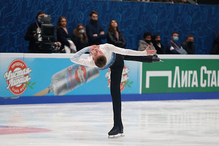 Andrei Anisimov of Russia competes during the Men's Short Program on day one of the Rostelecom Russian Nationals 2022 of Figure Skating at the Yubileyny Sports Palace in Saint Petersburg.