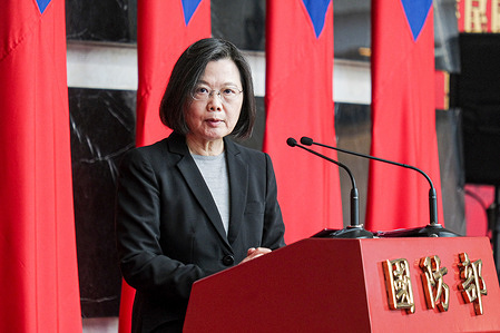 Taiwanese President Tsai Ing-wen gives her remarks during the promotion ceremony of generals and officers at the Taiwanese Ministry of National Defense.