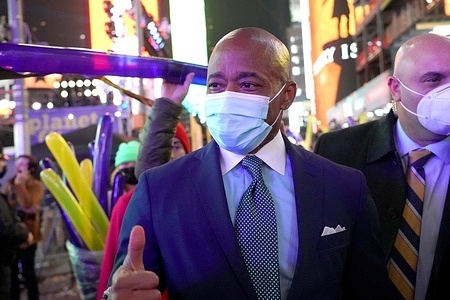 Eric Adams, who was sworn in as Mayor of New York City in Times Square, after the ball dropped New Year's Eve to ring in 2022.
