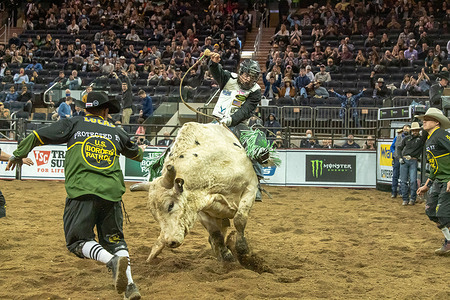 Boudreaux Campbell rides White Dust during the Professional Bull Riders 2022 Unleash The Beast event at Madison Square Garden in New York City.