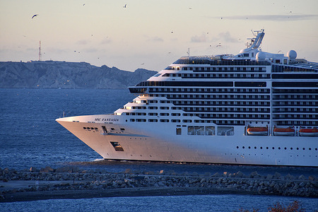The liner “MSC Fantasia” cruise ship arrives at the French Mediterranean port of Marseille.