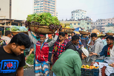Laborer carries vegetables in a basket at Kawran Bazaar vegetable market.
The Bazaar has been in the Tejgaon area for over 30 years and is one of the largest markets in Dhaka city.