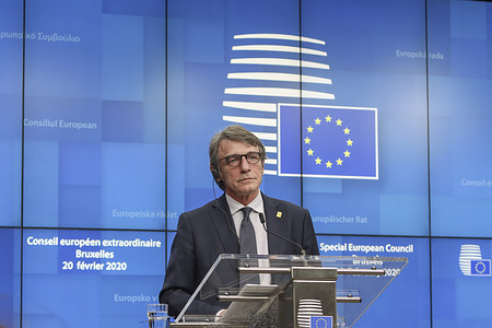 David-Maria Sassoli seen during a press conference after the European Council summit in Brussels
