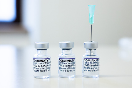 In this photo illustration, vials of Pfizer-BioNTech Comirnaty COVID-19 vaccine are seen at a vaccination center during a vaccination campaign in Cerklje na Gorenjskem.
As daily cases of confirmed coronavirus infections in Slovenia reach an all-time record and keep rising, a second vaccination campaign is underway. Until Saturday, January 15, the vaccination centres are working overtime, vaccination is also organised in COVID hospitals and in mobile units.