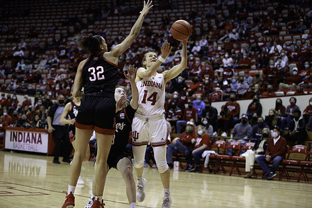 Ali Patberg (R) of Indiana Hoosiers and Kendall Coley (L) of Nebraska Cornhuskers in action during the NCAA women’s basketball game between Indiana Hoosiers and Nebraska Cornhuskers at Bloomington Assembly Hall.Final score; Indiana Hoosiers 72:65 Nebraska Cornhuskers.
