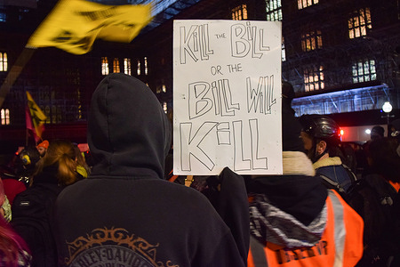 A demonstrator holds a 'Kill The Bill Or The Bill Will Kill' placard during the Kill The Bill protest.Crowds gathered outside the House of Lords in protest against the Police, Crime, Sentencing and Courts Bill, which will severely restrict protests in the UK.