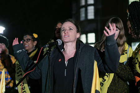 Kate Smurthwaite, a British comedian, and political activist delivers a speech during a demonstration.
A protest was held outside the House of Lords to express opposition to the Police, Crime, Sentencing, and Courts Bill, as it enters the voting stage by the Lords. 'Kill the Bill' is a movement in the UK in response to the government's Police Bill proposal. If passed, the Bill would widen the power of the Metropolitan police to suppress protests, which could result in a massive curtailing of rights in a democracy, including the freedom of speech, expression, and protest.