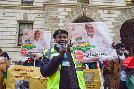 A demonstrator holds a picture of Nnamdi Kanu while speaking through a microphone during the protest.
Protesters gathered outside the Foreign, Commonwealth and Development office in Westminster to demand the release of Nnamdi Kanu, the separatist leader of the Indigenous People ofthe former state of Biafra, which is now part of Nigeria.
